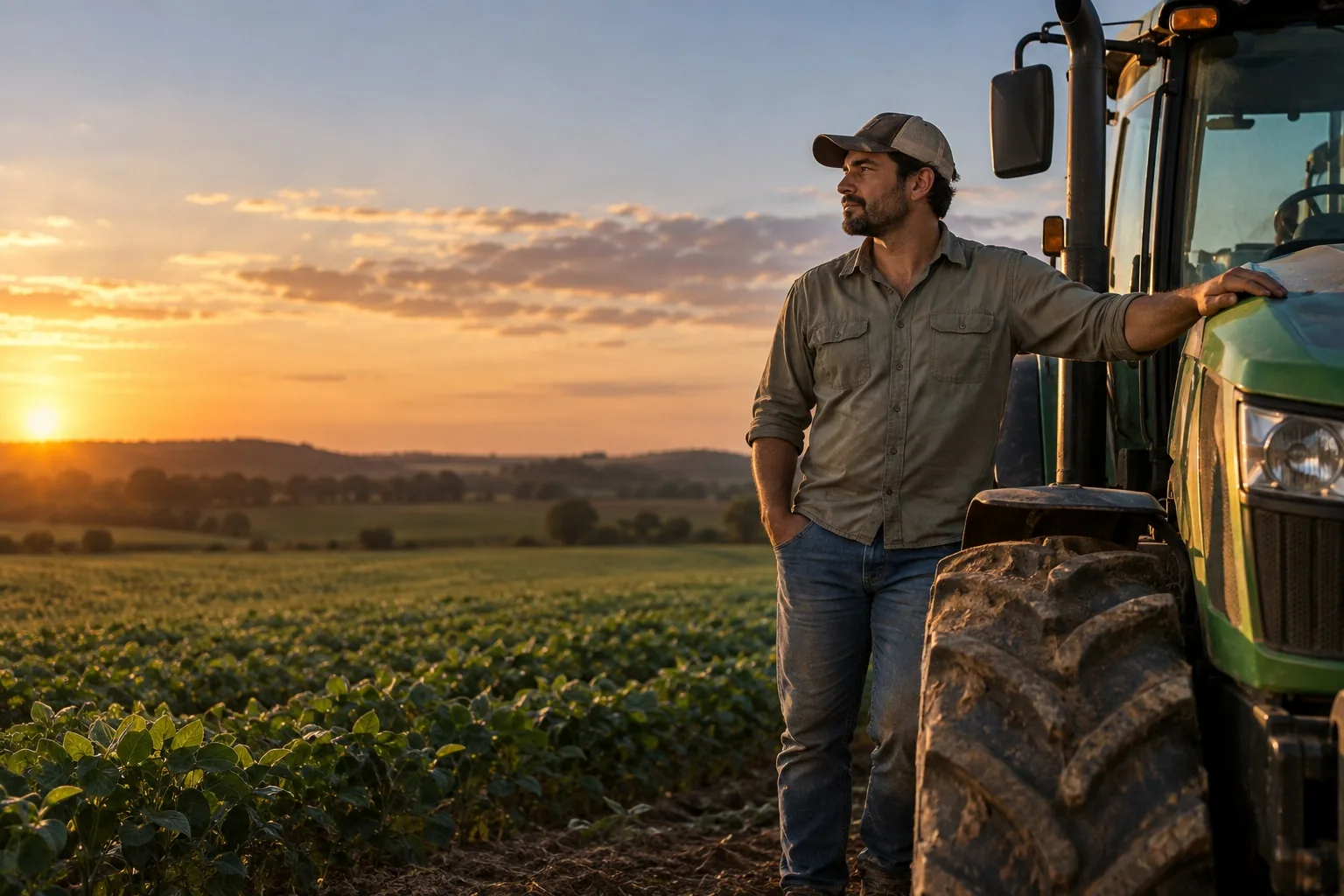Produtor rural ao lado do trator olhando a lavoura no fim da tarde