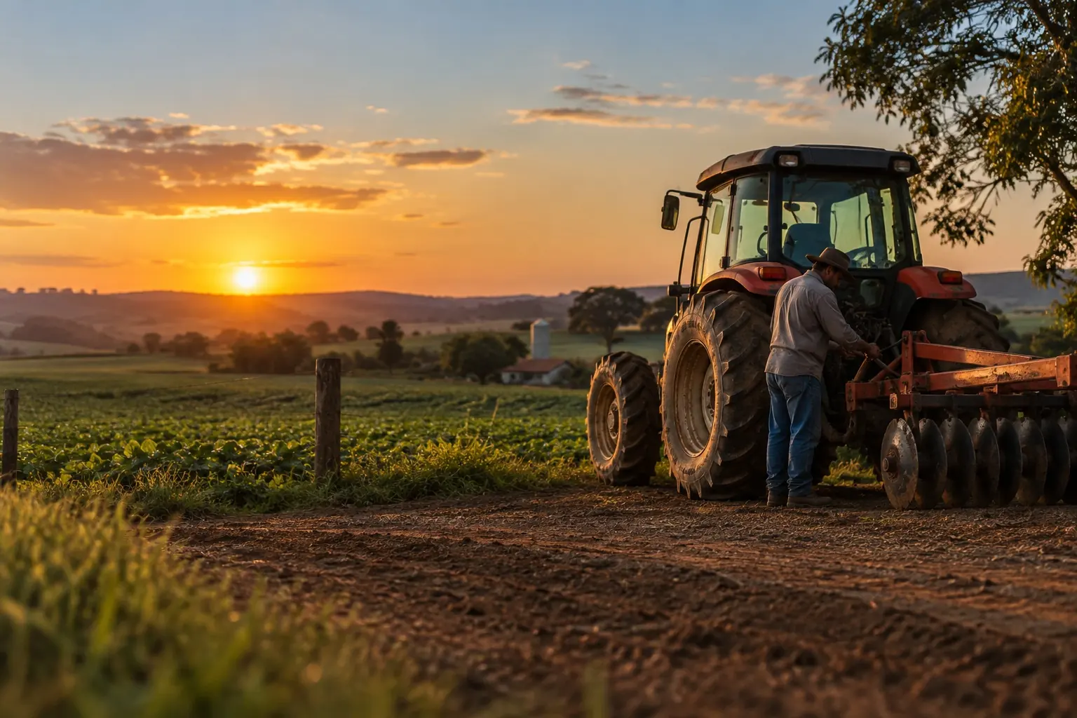 Trator agricola parado na beira da lavoura ao fim da tarde