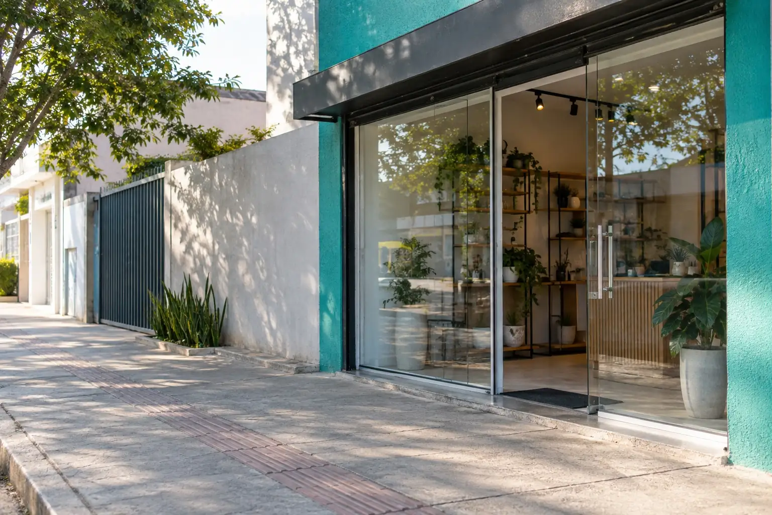 Fachada de uma sala comercial de rua, com porta de vidro