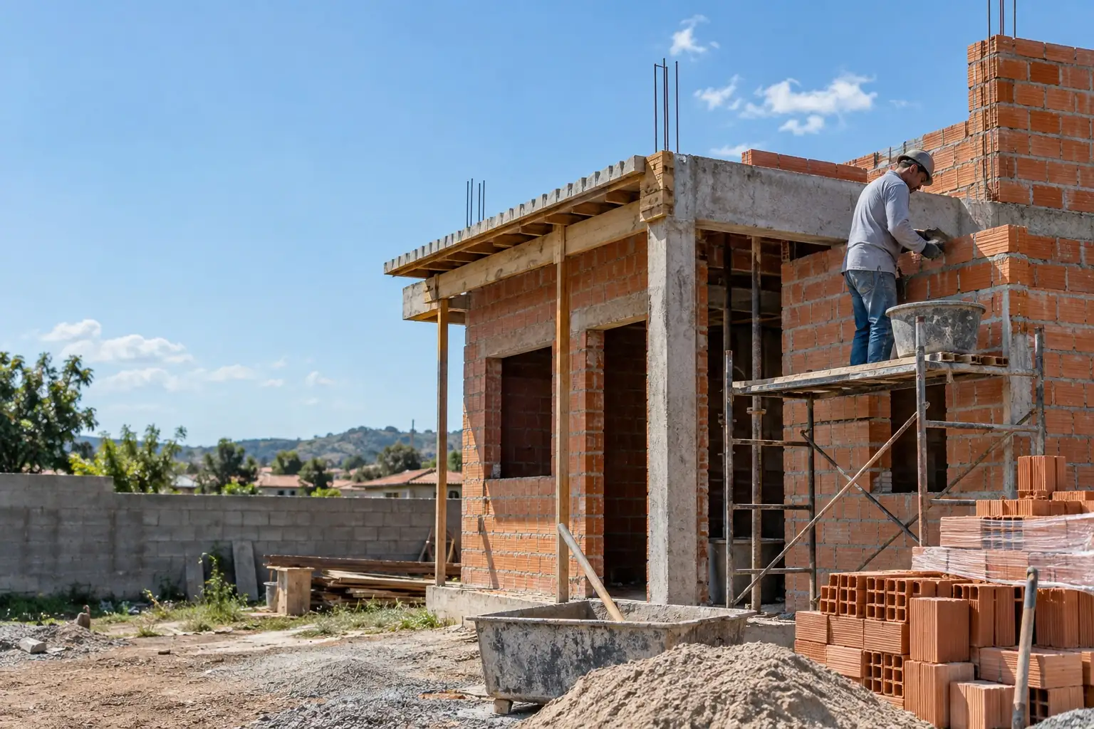Obra de uma casa em andamento, com alvenaria erguida