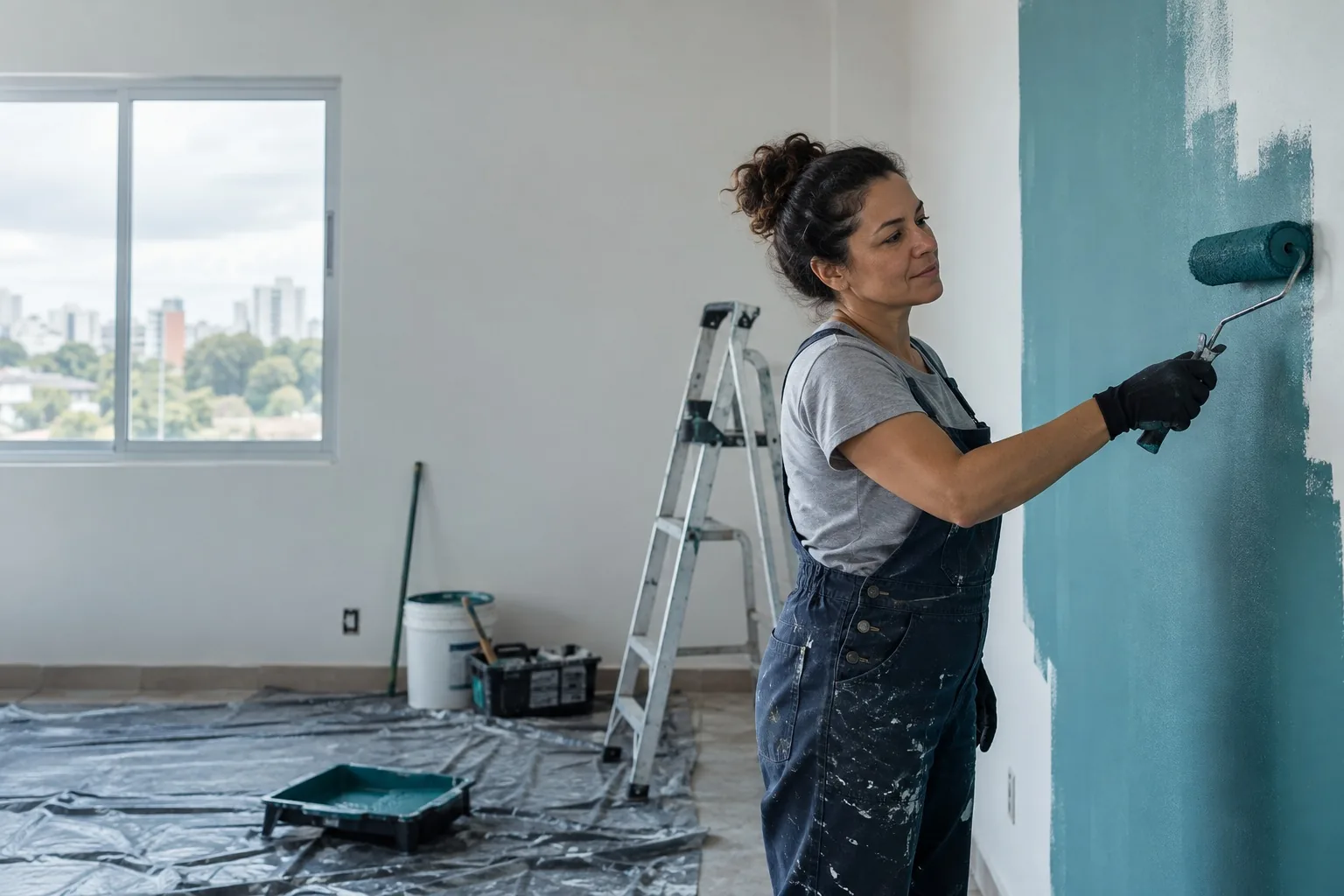 Comodo de casa em reforma, com parede sendo pintada e ferramentas a vista
